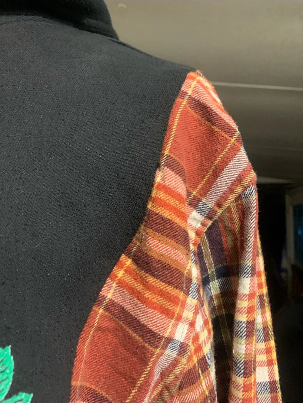 Upcycled Grateful Dead Black agraphic Hoodie with Rust Plaid Flannel Sleeves - Picture 4 of 11